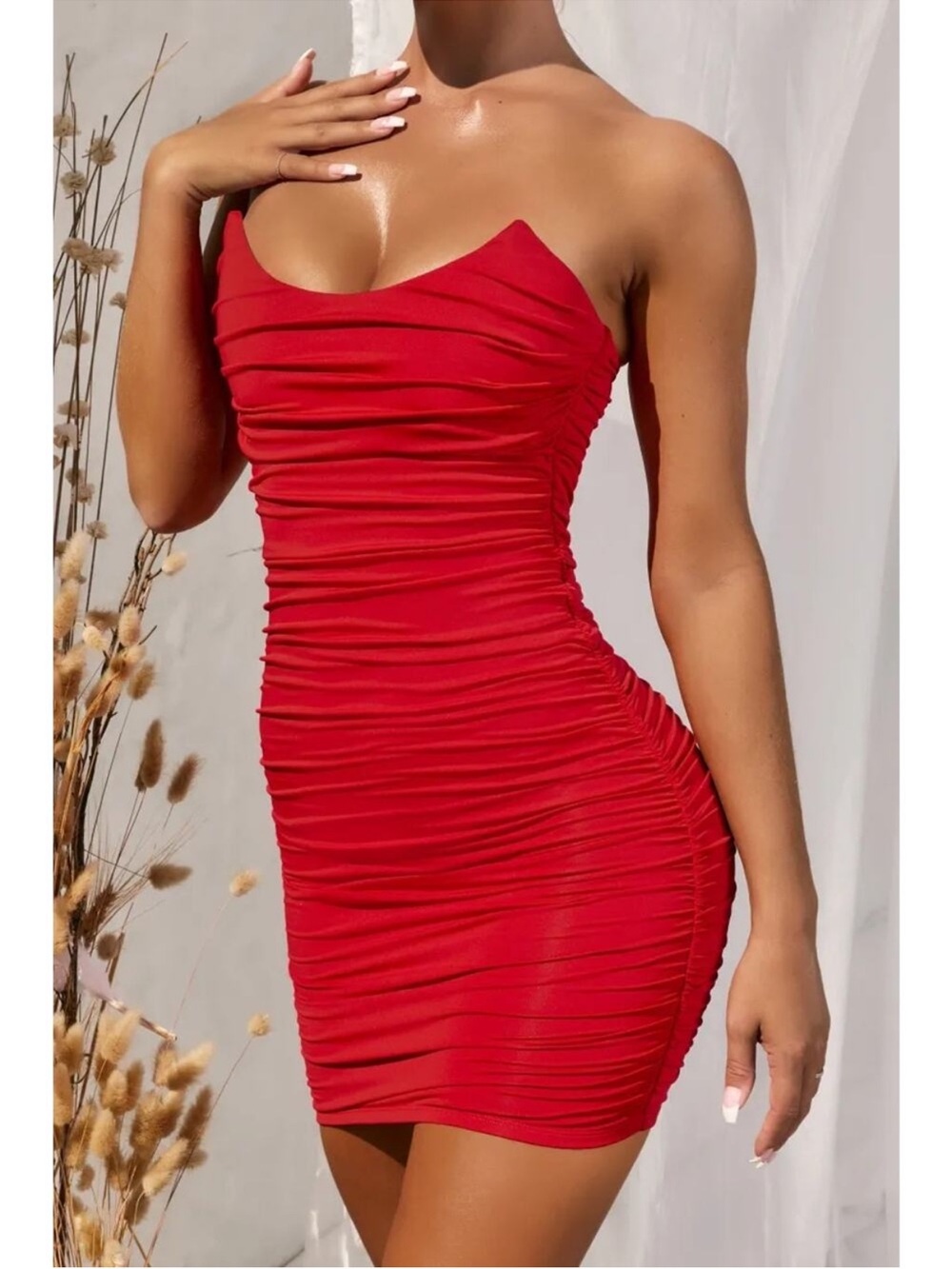 Oh Polly Red Ruched Mini Dress great stretch